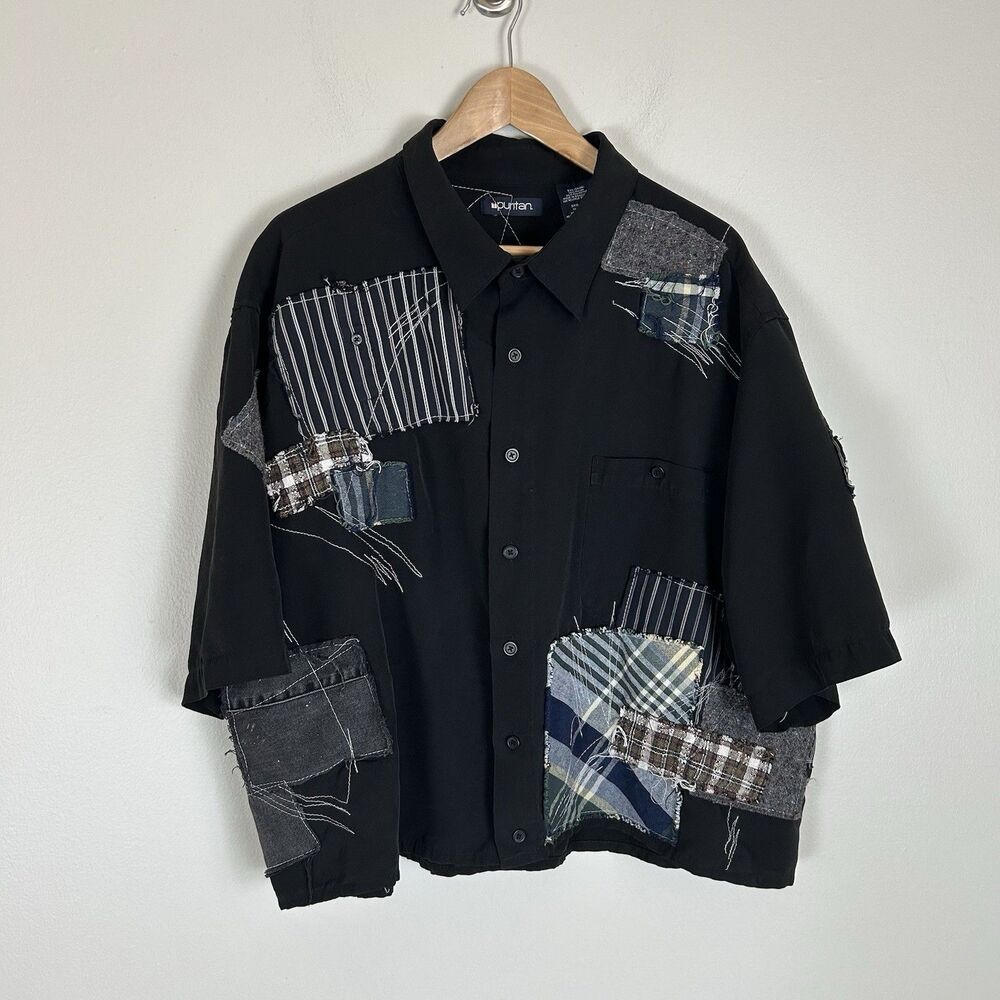 Vintage Patchwork Grunge Shirt Button Up Men’s 3XL Crop Boxy Fit Avant-Garde